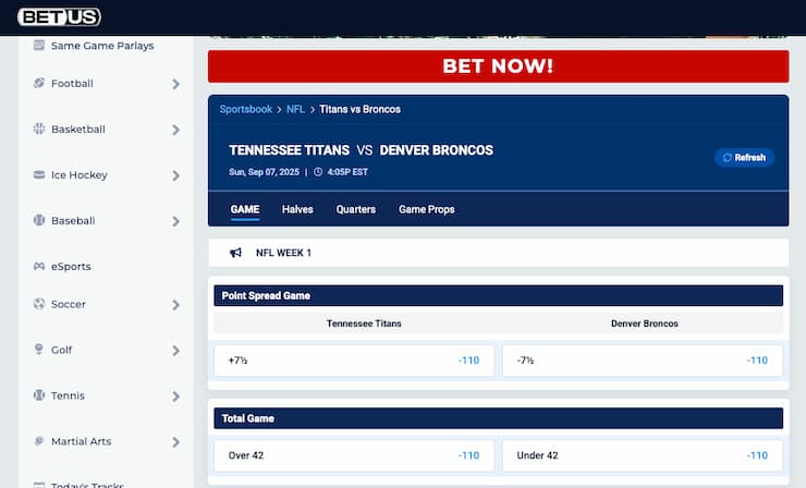 An image of betting odds on the NFL at leading NM betting site BetUS.
